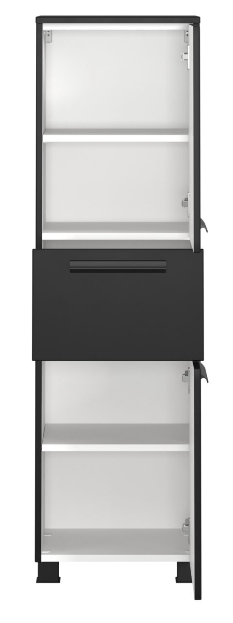 Moderner Midischrank in Schwarz mit offenen Türen, frontal betrachtet.