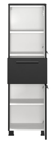 Moderner Midischrank in Schwarz mit offenen Türen, frontal betrachtet.