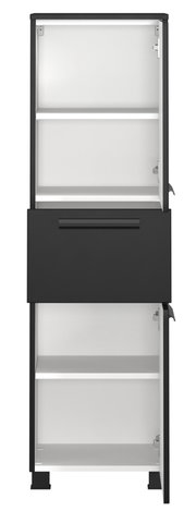Moderner Midischrank in Schwarz mit offenen Türen, frontal betrachtet.