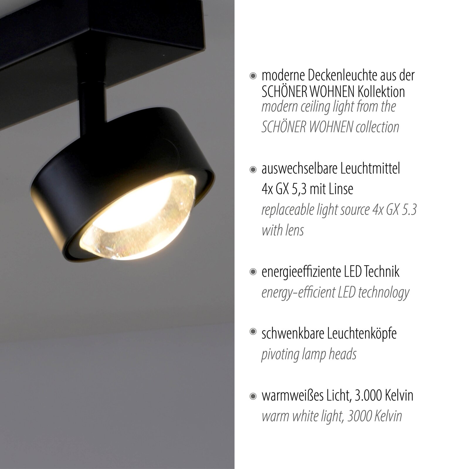 Schwarzer moderner Deckenstrahler aus der SCHÖNER WOHNEN Kollektion mit warmweißem LED-Licht (3000 K) und Linse, schräg von unten in Nahaufnahme fotografiert