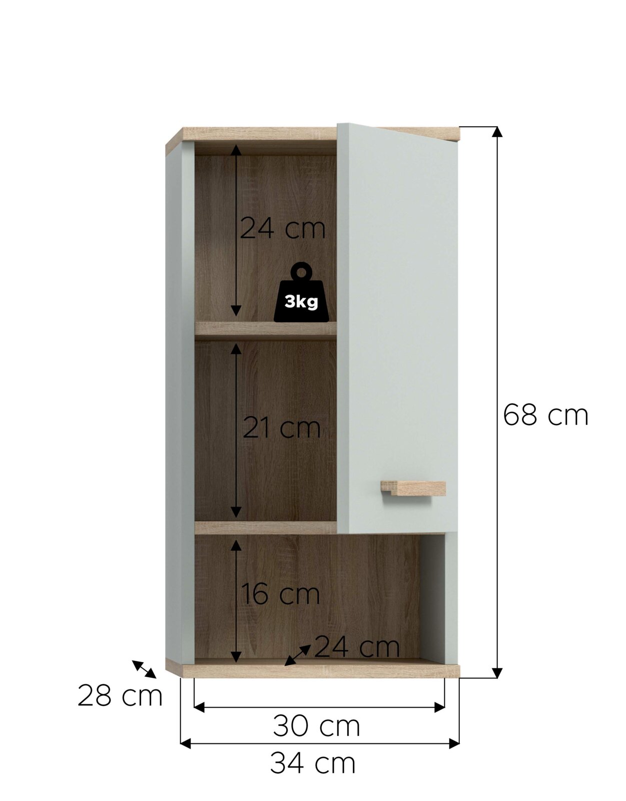 Schmaler Hängeschrank in Weiß mit Holzoptik-Deckel und -Griff, teiloffenes Fach und Tür, Maße ca. 68 cm hoch, 34 cm breit und 28 cm tief, Innenfächer 24/21/16 cm, Traglast 3 kg je Fach; Ansicht von vorn (leicht frontal).