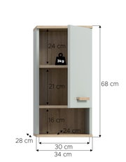 Schmaler Hängeschrank in Weiß mit Holzoptik-Deckel und -Griff, teiloffenes Fach und Tür, Maße ca. 68 cm hoch, 34 cm breit und 28 cm tief, Innenfächer 24/21/16 cm, Traglast 3 kg je Fach; Ansicht von vorn (leicht frontal).