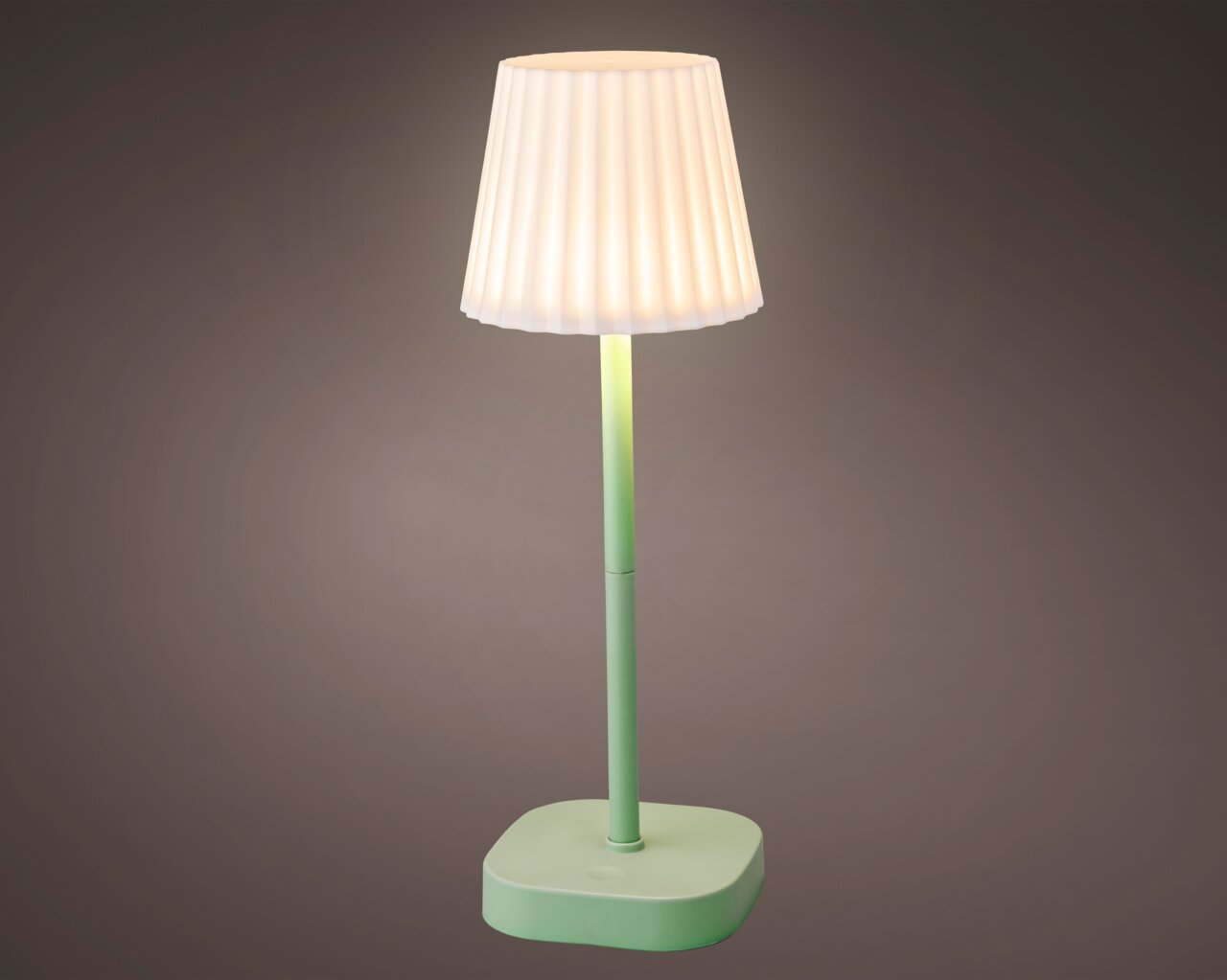 Lumineo Tischlampe Tischlampe aus Plastik mit weißem, geripptem Lampenschirm und grünem Sockel, seitliche Perspektive