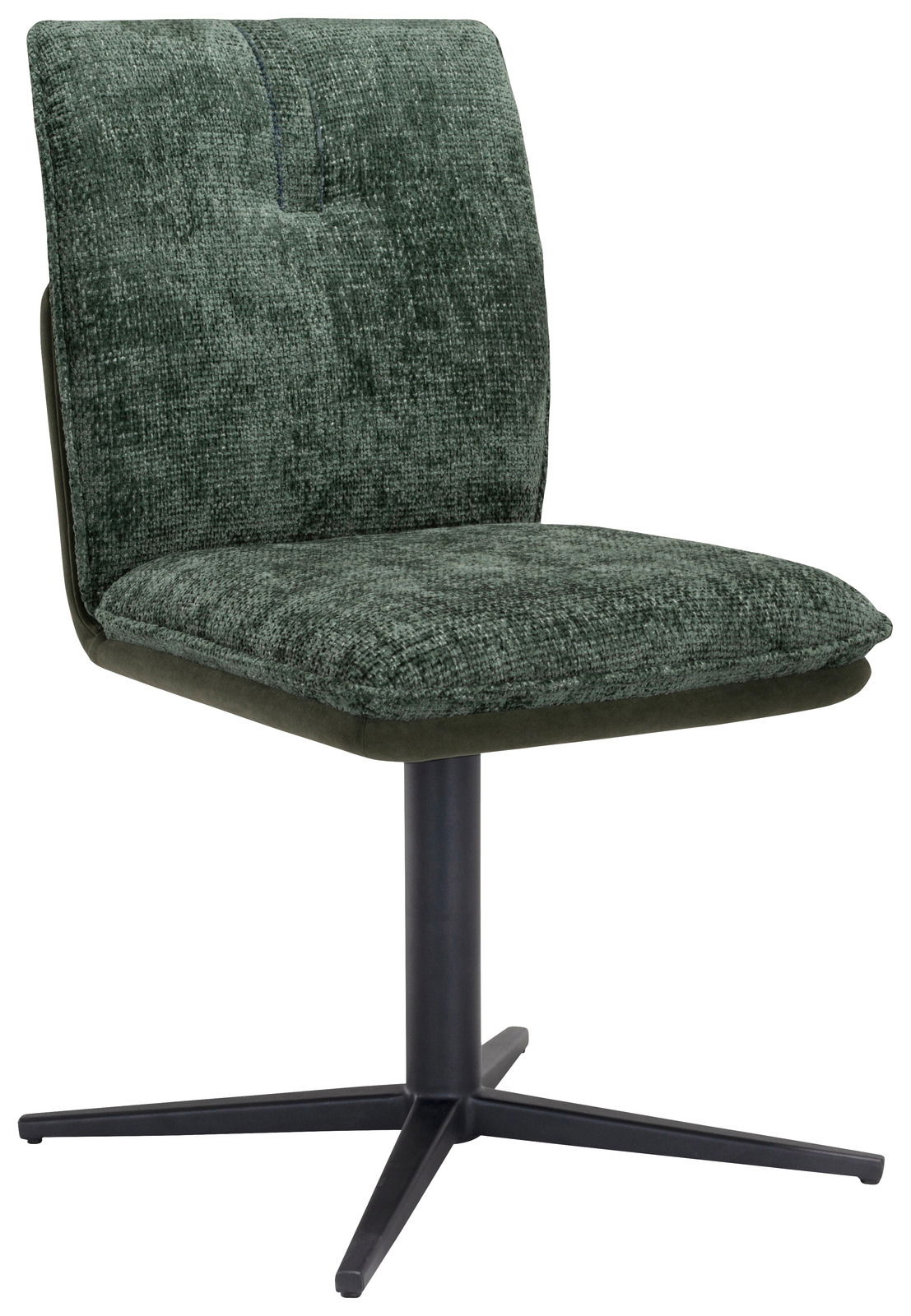 Grüner Stuhl mit gepolsterter Sitzfläche und Rückenlehne, auf einem schwarzen Metallfuß mit vier Beinen, seitliche Perspektive