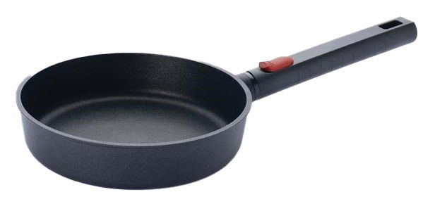 Gusspfanne Eco Logic 20cm QXR, seitliche Perspektive, schwarze Pfanne mit abnehmbarem Griff