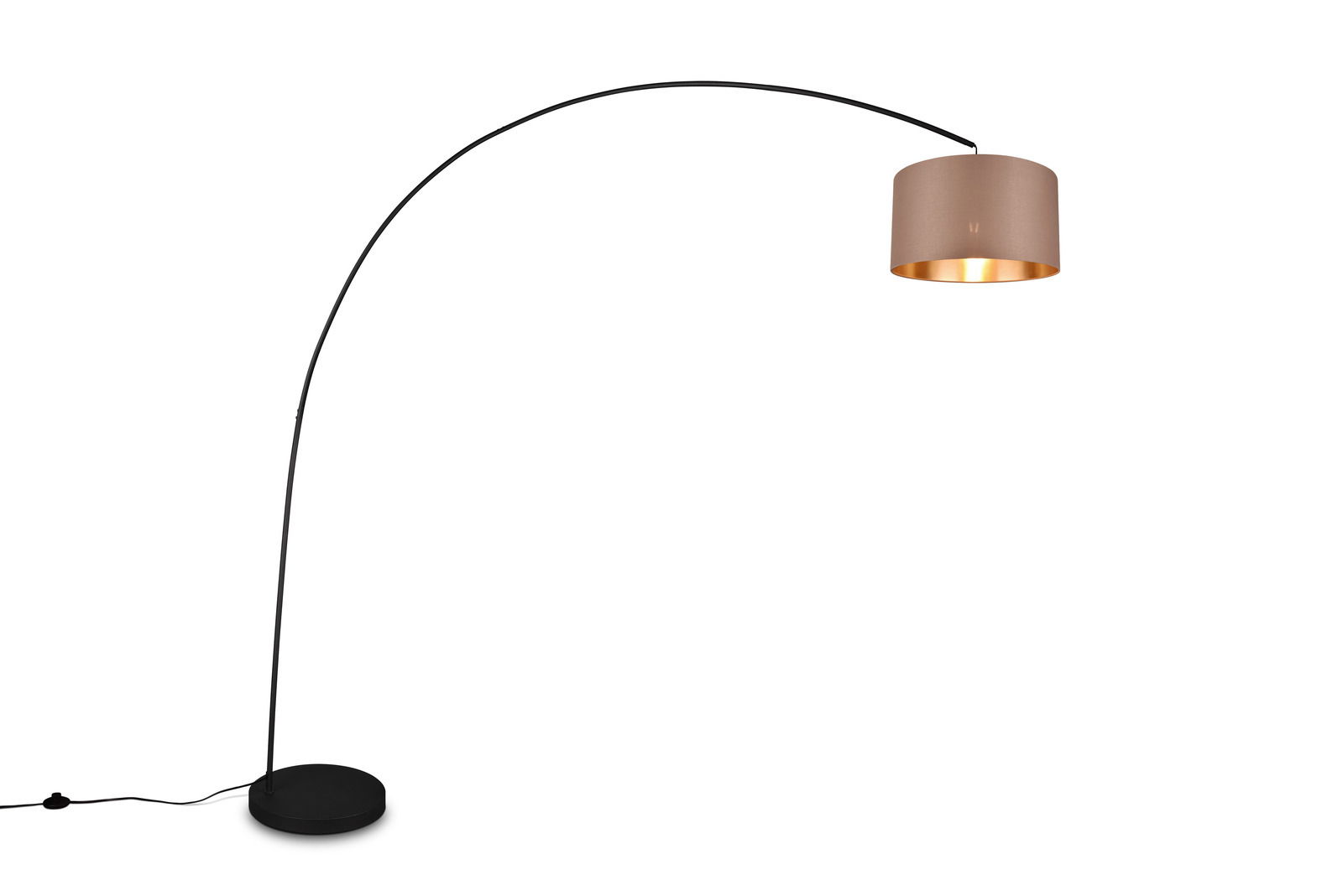 Moderne Stehleuchte MANSUR mit gebogenem Arm und rundem Lampenschirm, seitliche Perspektive