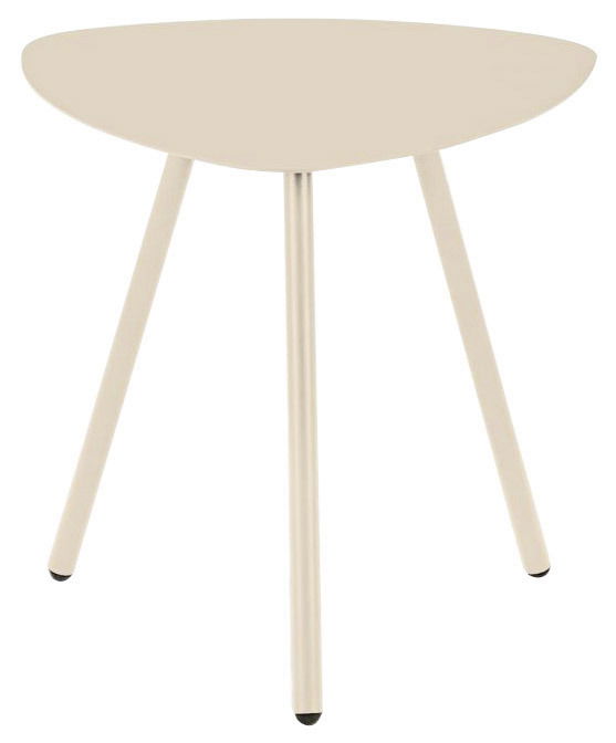 Moderner dreibeiniger Beistelltisch in Beige, frontal betrachtet.