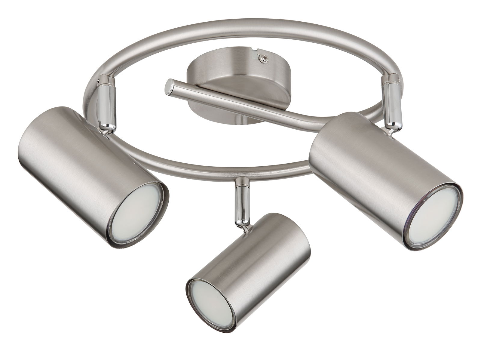 Moderner Deckenstrahler aus gebürstetem Metall mit drei verstellbaren Leuchten, Perspektive von unten.