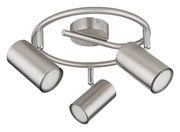 Moderner Deckenstrahler aus gebürstetem Metall mit drei verstellbaren Leuchten, Perspektive von unten.