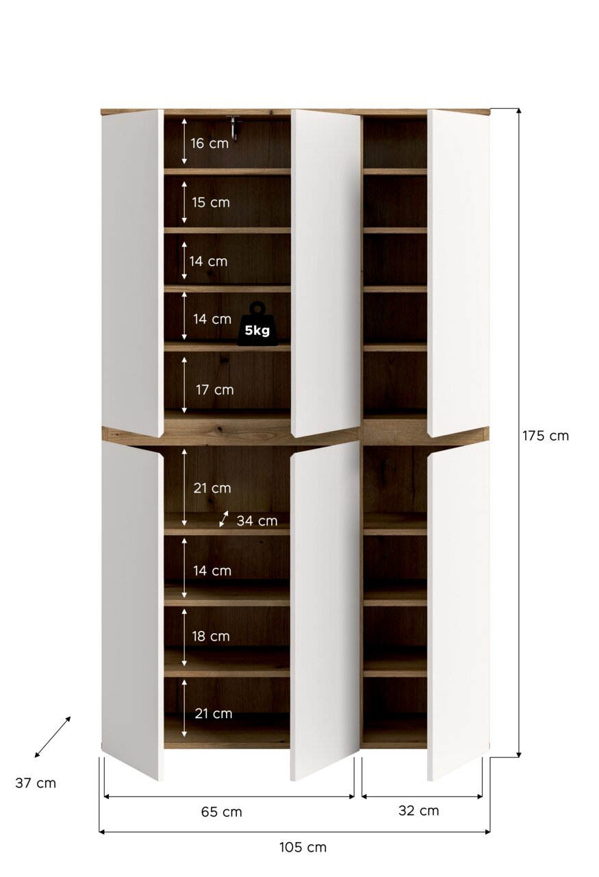 Hoher Schrank mit weißen Türen und Holzoptik-Korpus, geöffnet mit mehreren Regalböden und eingezeichneten Fachhöhen sowie Maßen (ca. 175 x 105 x 37 cm), Frontansicht