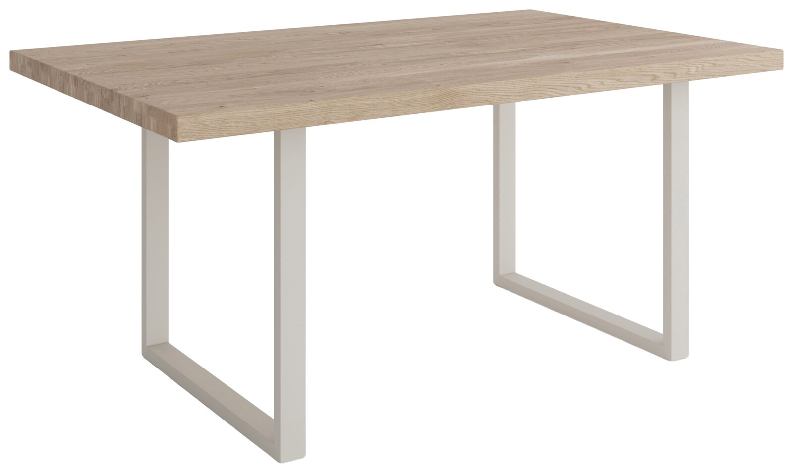Moderner Esstisch mit Holzplatte und weißen Metallbeinen, seitliche Perspektive