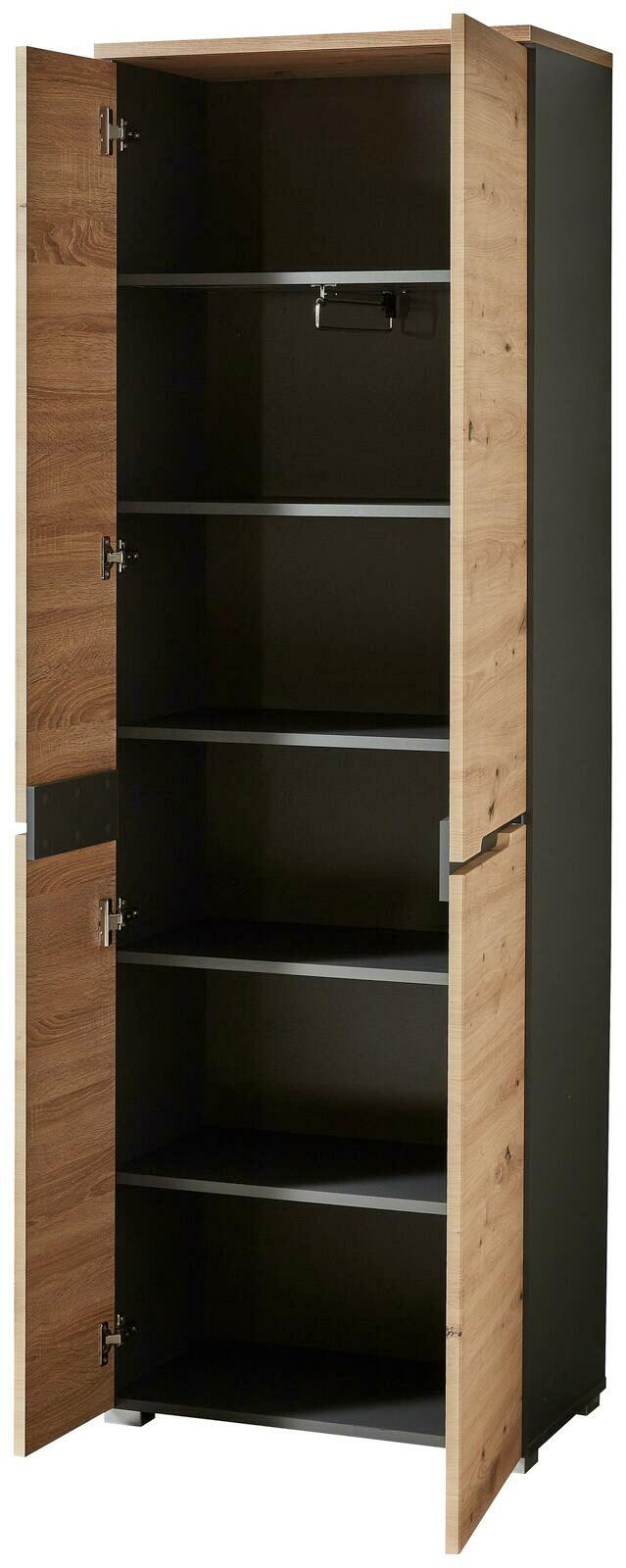 Offener XL-Schuh- und Garderobenschrank aus Holz und Metall mit mehreren Regalböden, seitliche Perspektive