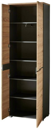 Offener XL-Schuh- und Garderobenschrank aus Holz und Metall mit mehreren Regalböden, seitliche Perspektive