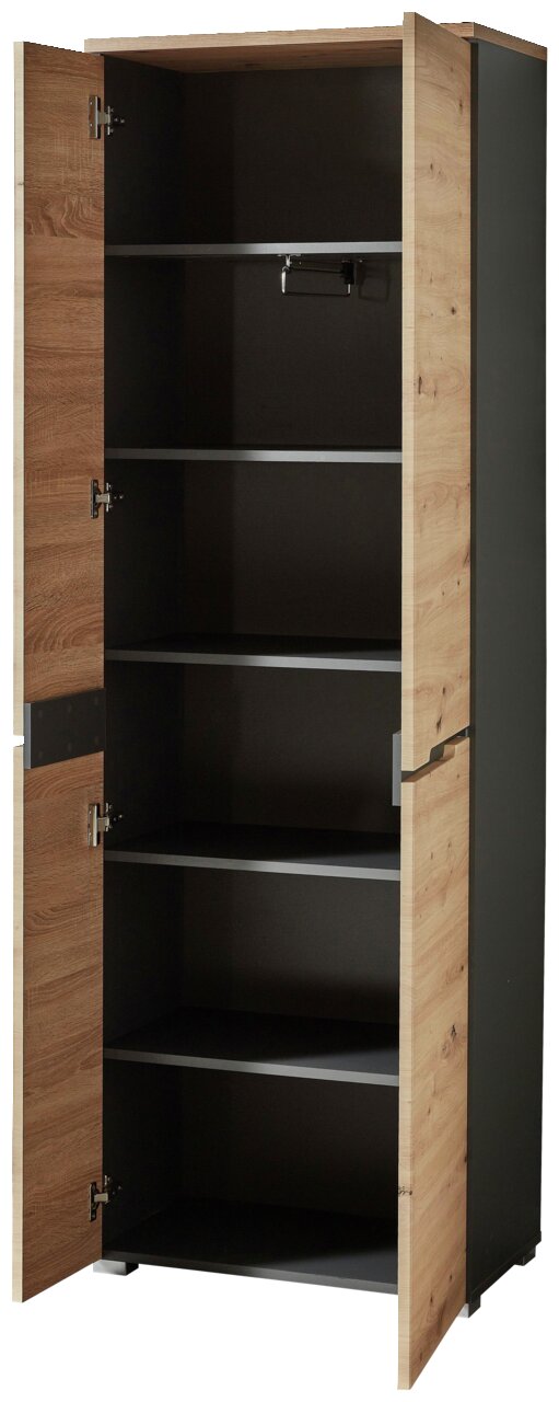 Offener XL-Schuh- und Garderobenschrank aus Holz und Metall mit mehreren Regalböden, seitliche Perspektive