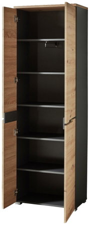 Offener XL-Schuh- und Garderobenschrank aus Holz und Metall mit mehreren Regalböden, seitliche Perspektive