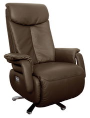 Brauner TV-Sessel aus Leder, Vorderansicht, mit verstellbaren Armlehnen und Kopfstütze.