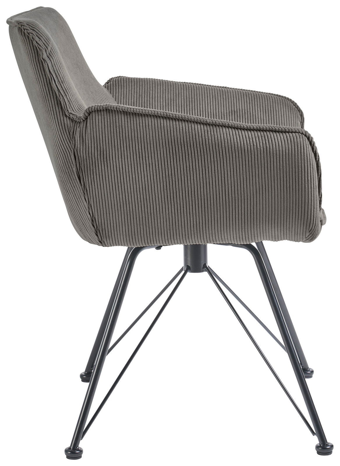 Seitenansicht eines grauen Armlehnstuhls mit geripptem Stoffbezug und Metallbeinen.