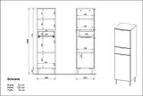 Schrank mit den Maßen 34 cm Breite, 120 cm Höhe und 34 cm Tiefe, dargestellt in einer technischen Zeichnung mit Front- und Seitenansicht.
