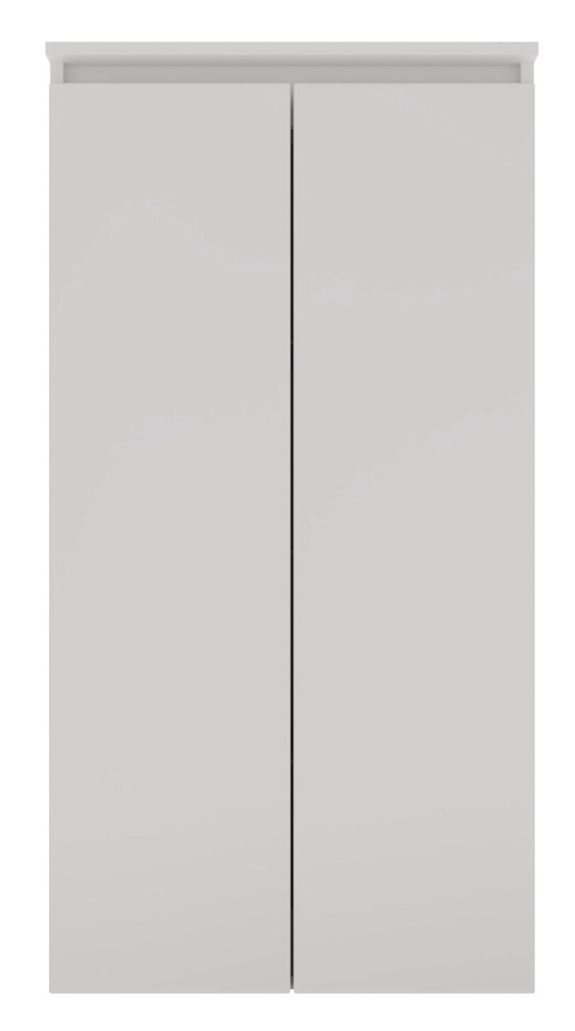 Frontansicht eines weißen Mittelschranks mit zwei Türen.