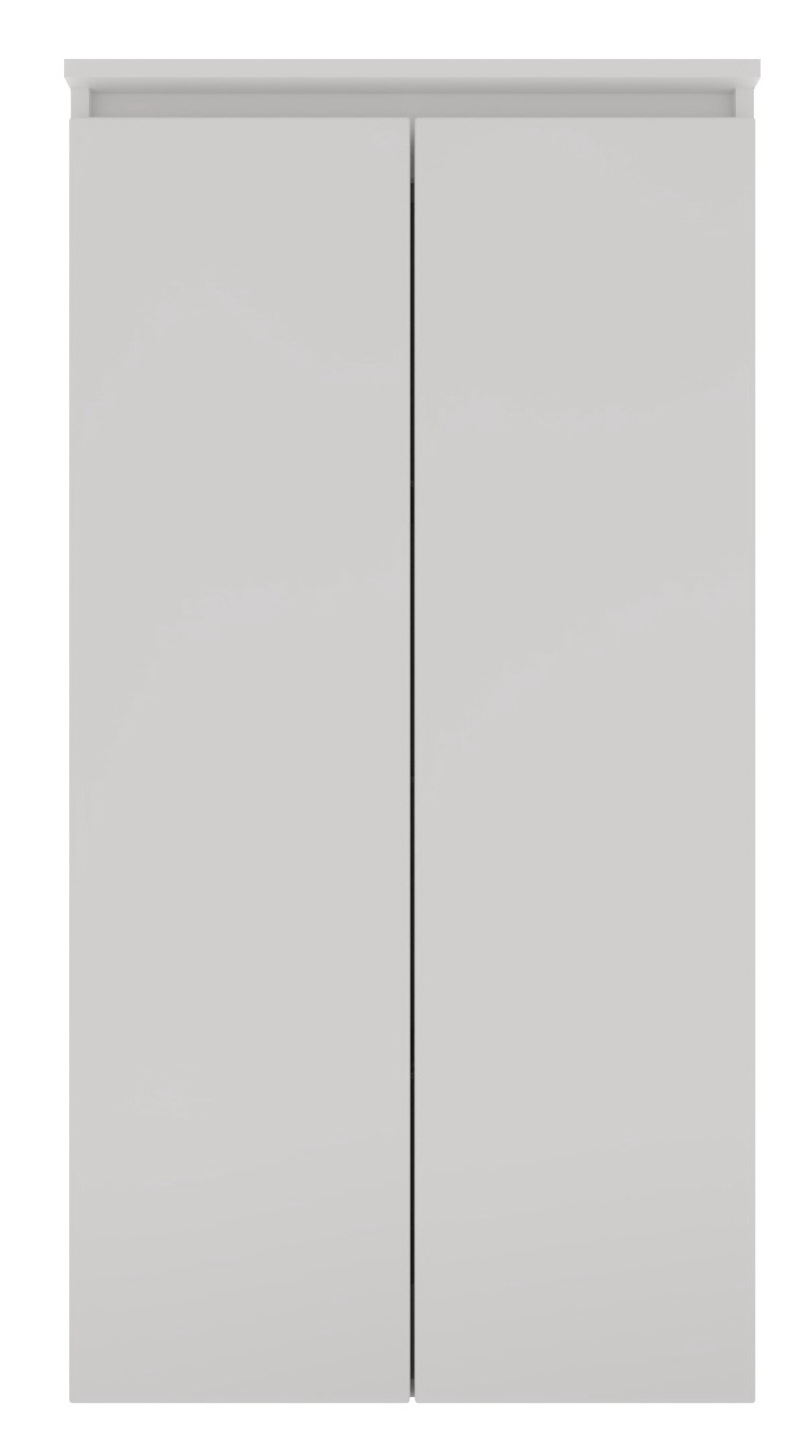 Frontansicht eines weißen Mittelschranks mit zwei Türen.