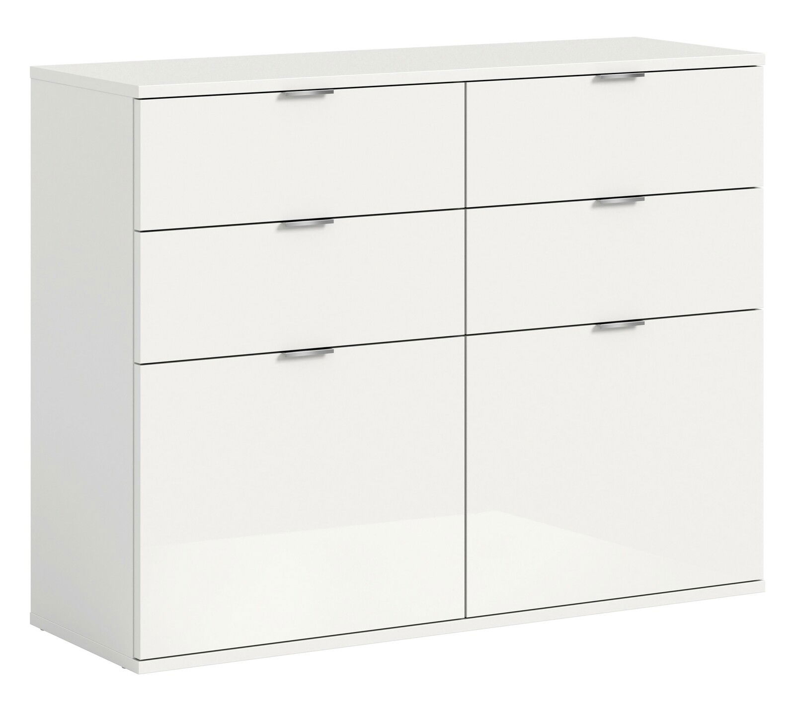 Weiße Kommode mit sechs Schubladen, frontale Perspektive