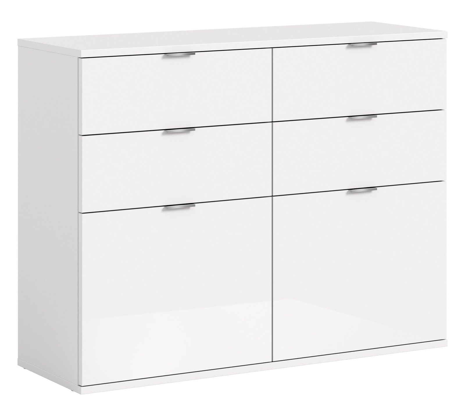 Weiße Kommode mit sechs Schubladen, frontale Perspektive
