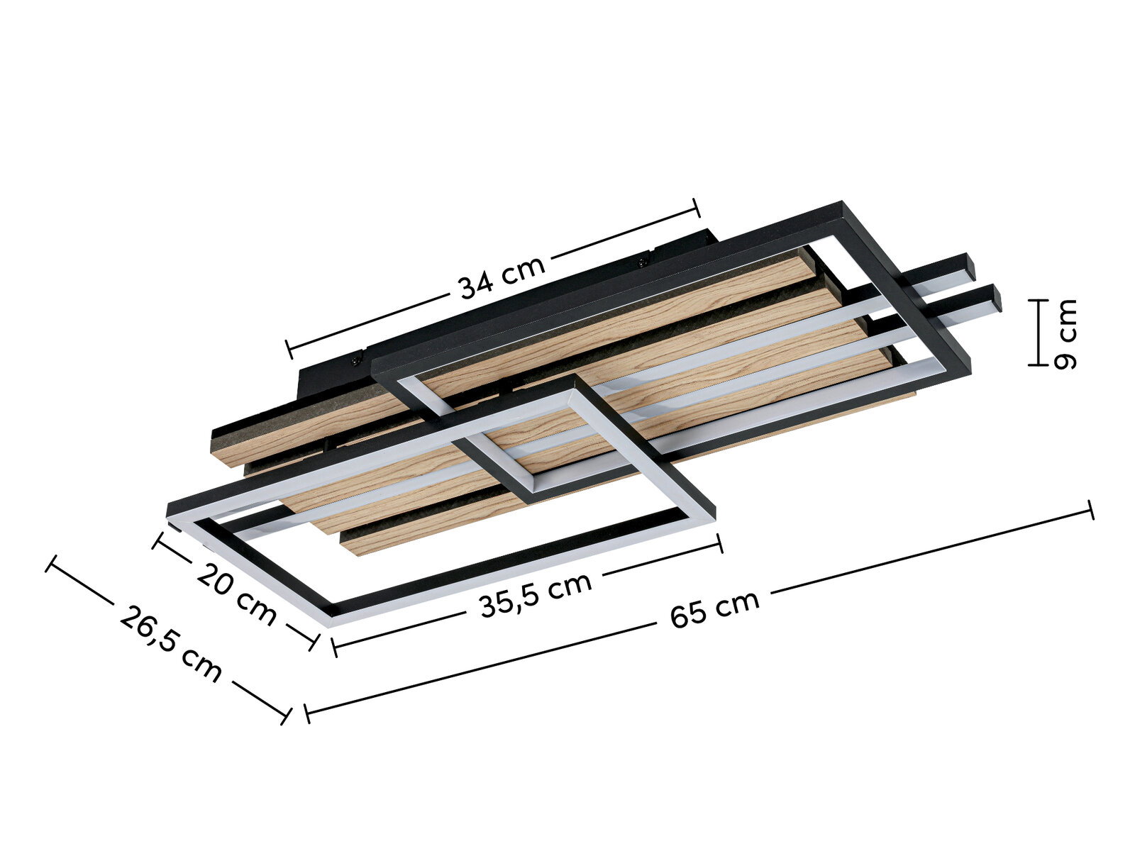 Moderne LED-Deckenleuchte mit geometrischem Design aus Holz und Metall, seitliche Perspektive.
