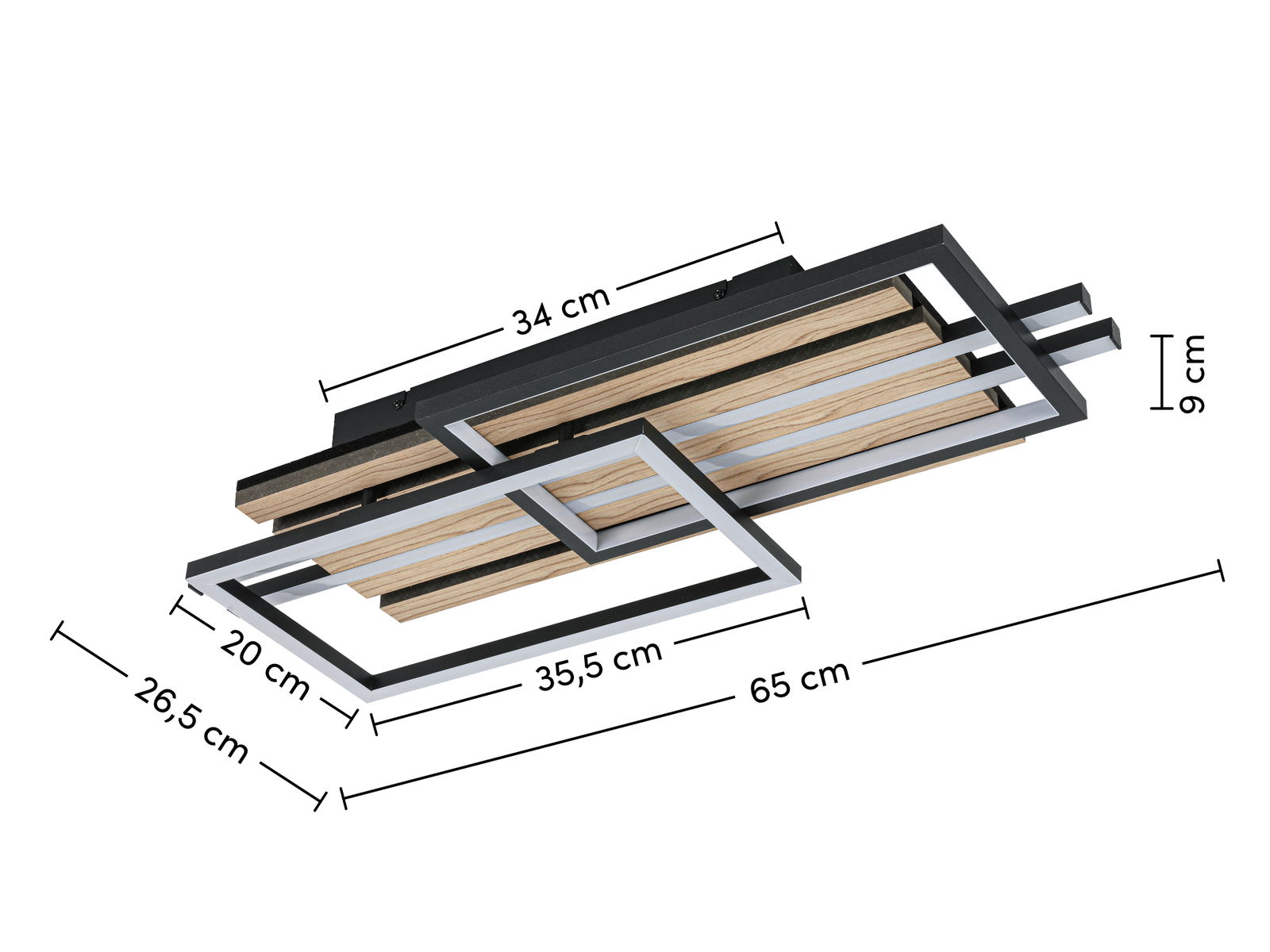 Moderne LED-Deckenleuchte mit geometrischem Design aus Holz und Metall, seitliche Perspektive.