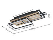 Moderne LED-Deckenleuchte mit geometrischem Design aus Holz und Metall, seitliche Perspektive.