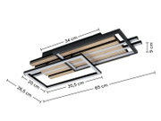 Moderne LED-Deckenleuchte mit geometrischem Design aus Holz und Metall, seitliche Perspektive.