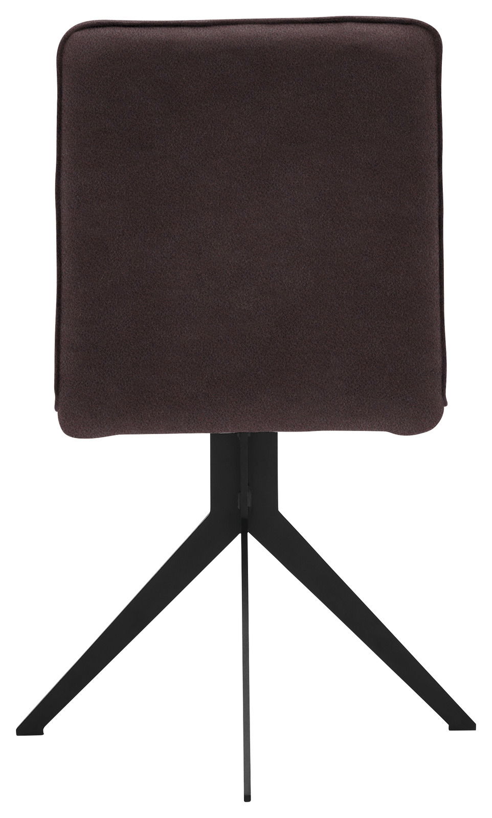 Rückansicht eines modernen Stuhls mit schwarzem Metallgestell und dunkelbrauner Polsterung.