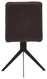 Rückansicht eines modernen Stuhls mit schwarzem Metallgestell und dunkelbrauner Polsterung.