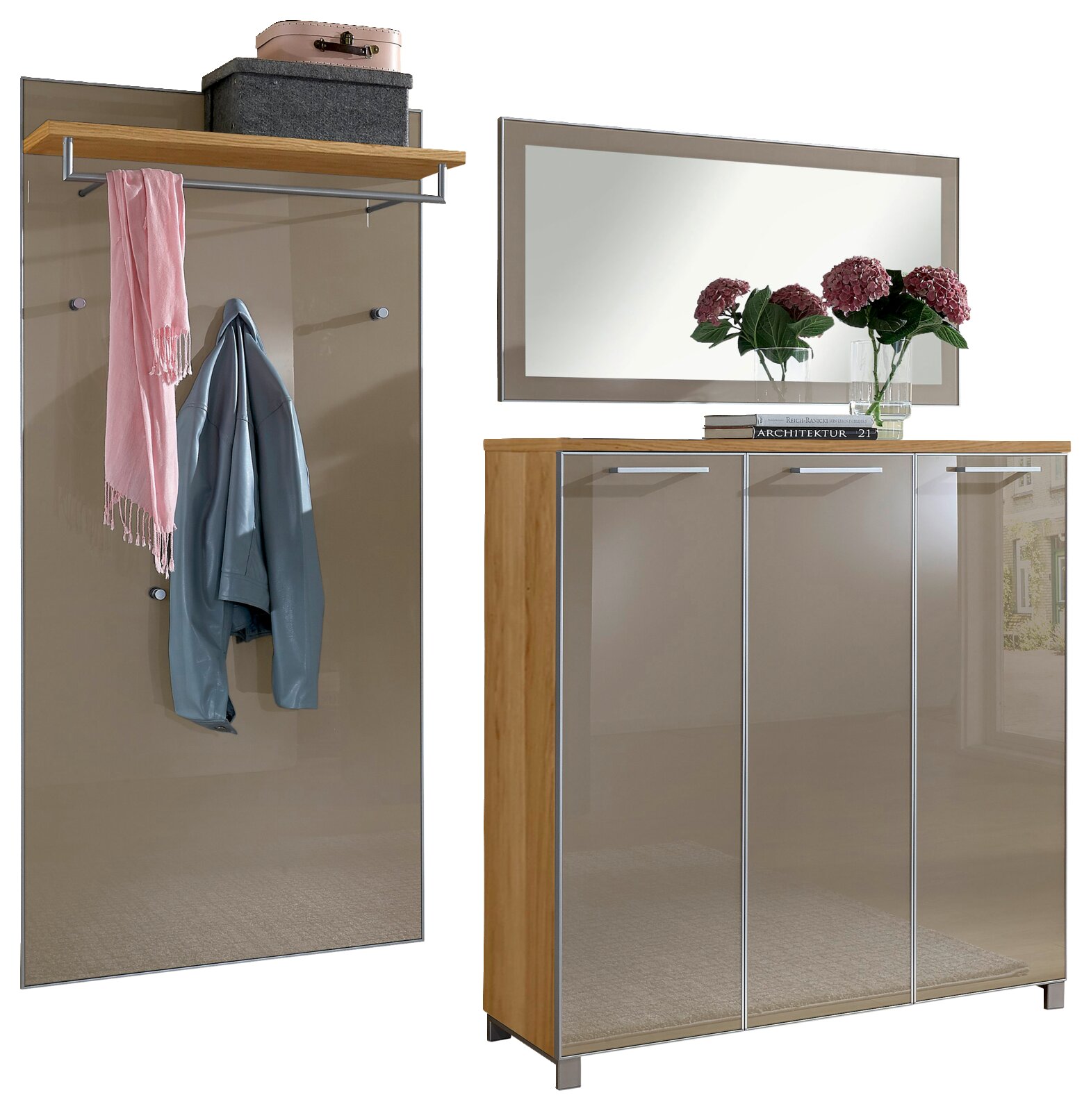 Garderoben-Set 3-tlg. mit Spiegel, bestehend aus einer Wandgarderobe mit Ablage und Haken, sowie einem Schuhschrank mit drei Türen. Perspektive: Frontalansicht.