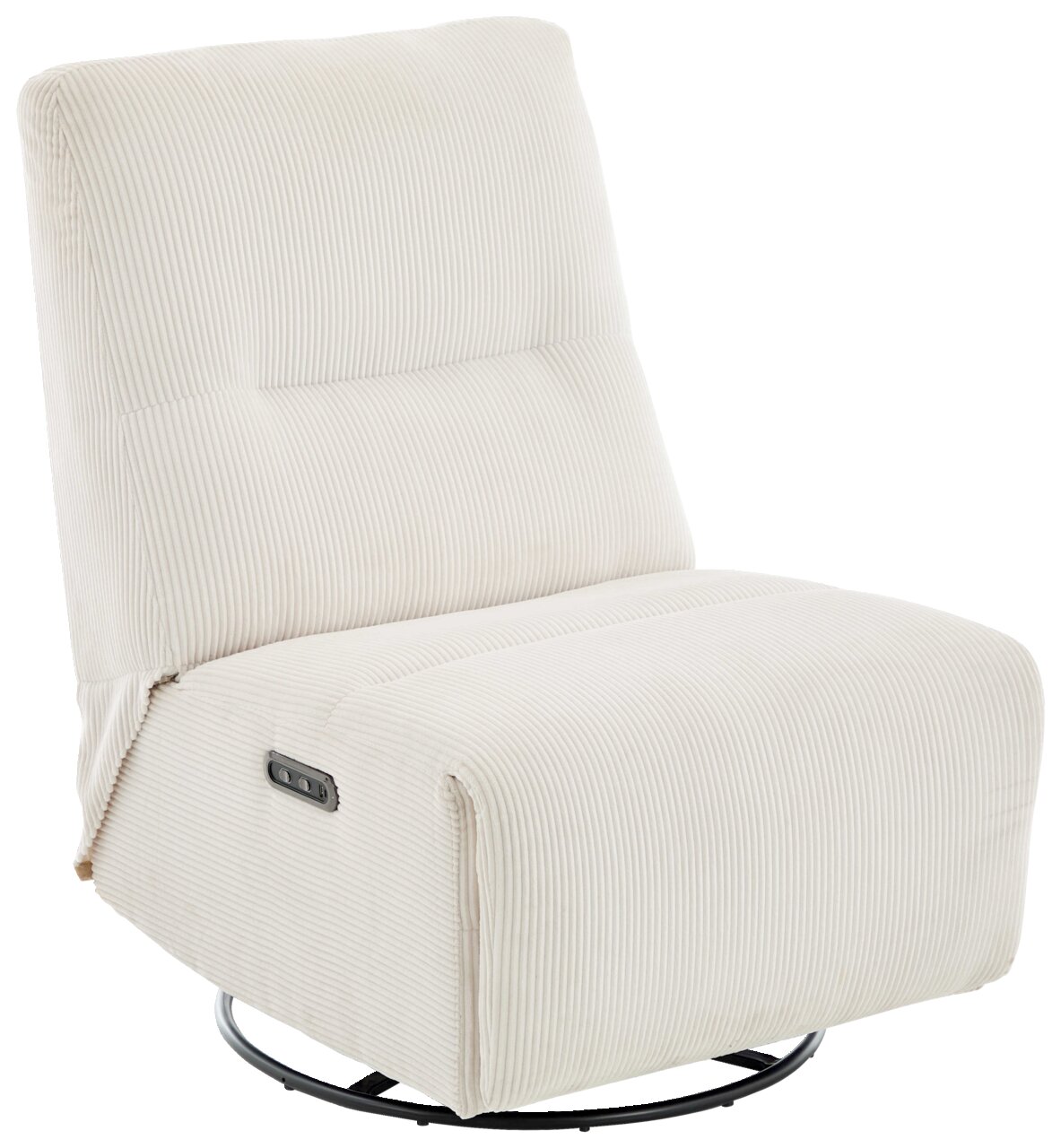 Beiger Relaxsessel TRIXI mit geripptem Stoffbezug, seitlicher Bedienung und runder Metallbasis, seitliche Perspektive