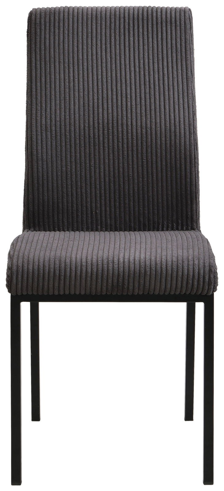 Grauer, gerippter Stuhl mit schwarzem Metallgestell, Frontalansicht.