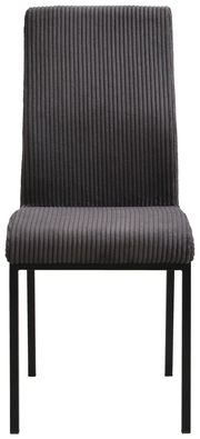 Grauer, gerippter Stuhl mit schwarzem Metallgestell, Frontalansicht.
