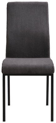 Grauer, gerippter Stuhl mit schwarzem Metallgestell, Frontalansicht.