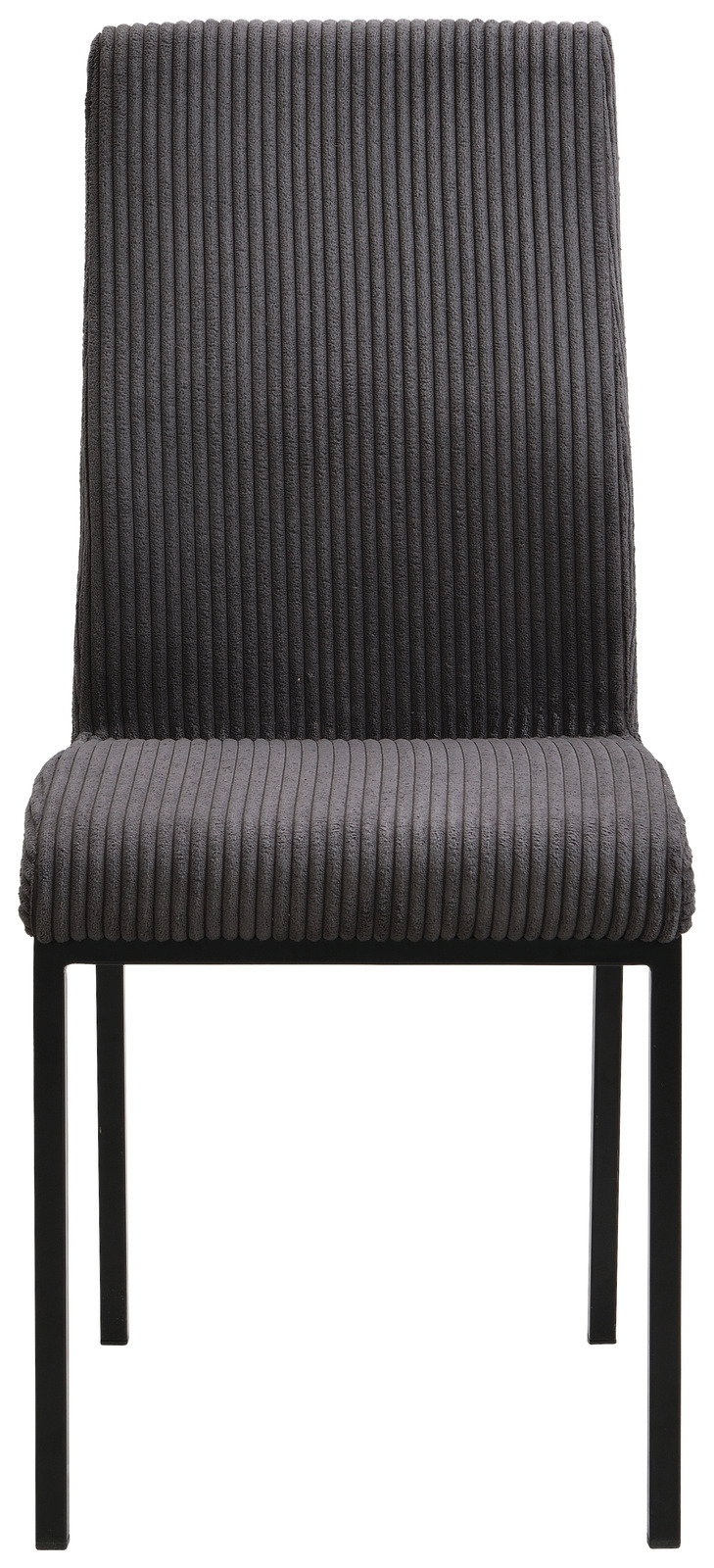Grauer, gerippter Stuhl mit schwarzem Metallgestell, Frontalansicht.