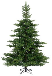 Künstlicher Weihnachtsbaum mit grünen Zweigen und stabilem Metallständer, frontal abgebildet.