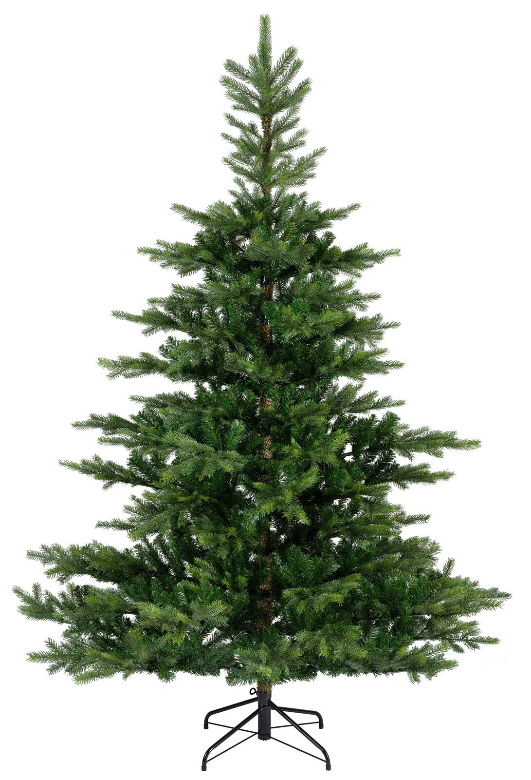 Künstlicher Weihnachtsbaum mit grünen Zweigen und stabilem Metallständer, frontal abgebildet.
