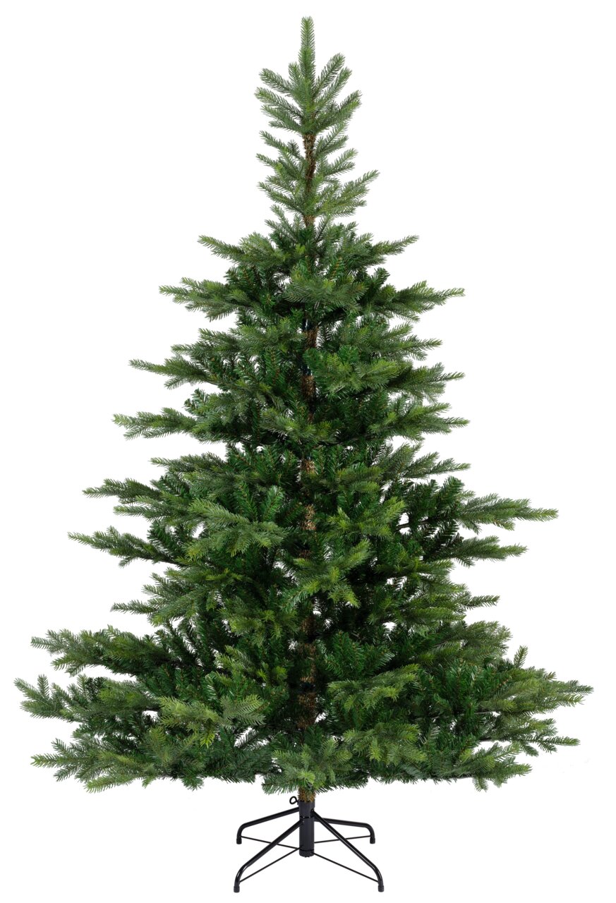 Künstlicher Weihnachtsbaum mit grünen Zweigen und stabilem Metallständer, frontal abgebildet.