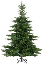 Kunstkerstboom met groene takken en een stevige metalen standaard, afgebeeld van voren.