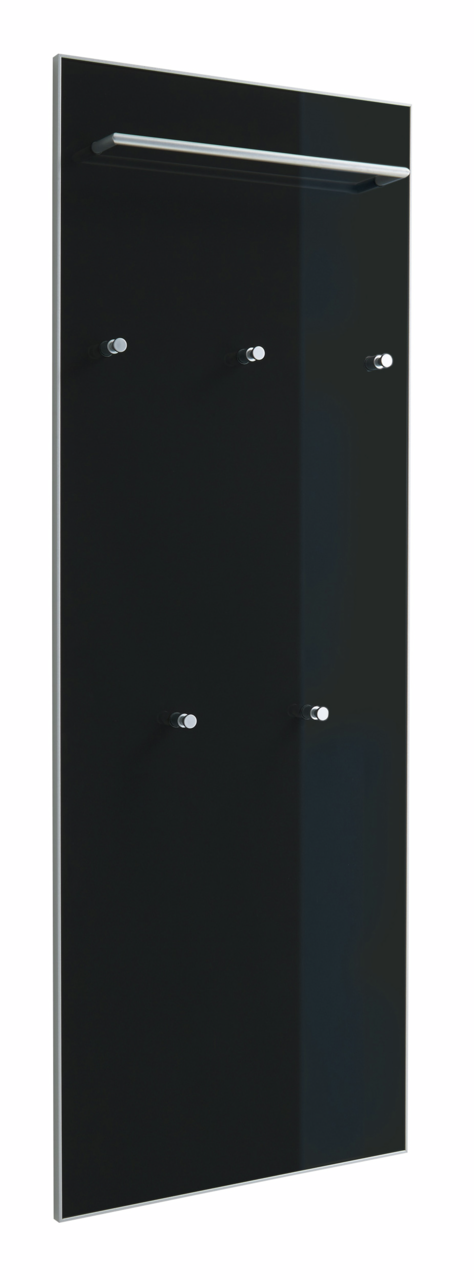 Schwarzes XL-Garderobenpaneel mit mehreren Haken und einer oberen Stange, seitliche Perspektive