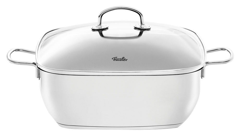 Edelstahlbräter von Fissler, 28 cm, mit Deckel und seitlichen Griffen, Frontalansicht