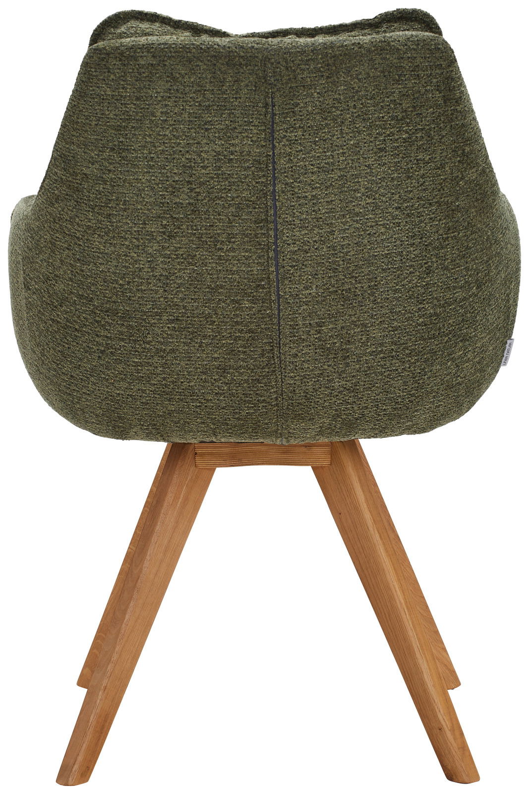 Rückansicht eines grünen Armlehnstuhls mit Holzbeinen