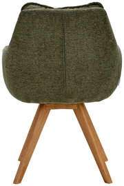 Rückansicht eines grünen Armlehnstuhls mit Holzbeinen