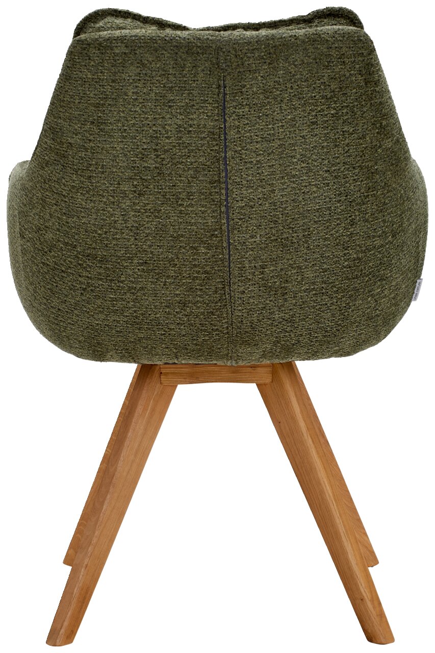 Rückansicht eines grünen Armlehnstuhls mit Holzbeinen