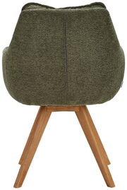 Rückansicht eines grünen Armlehnstuhls mit Holzbeinen