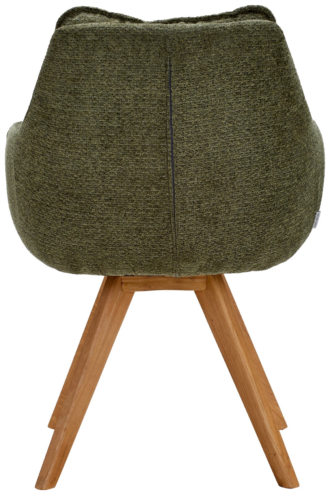 Achterkant van een groene fauteuil met houten poten