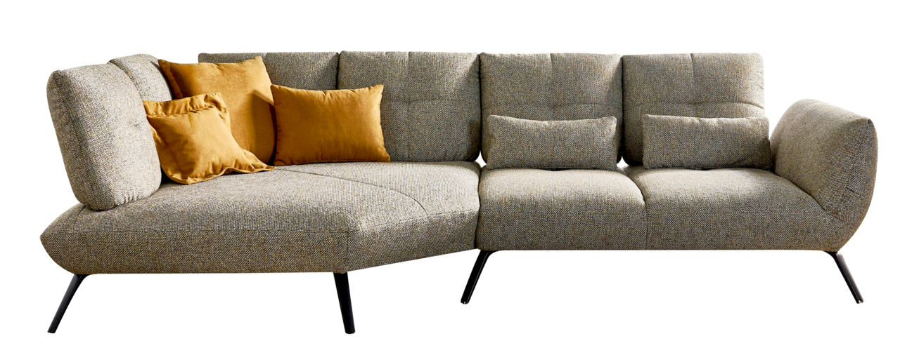 StepOne Ecksofa NEWPORT Moderne Rundecke mit grauem Stoffbezug und gelben Kissen, seitliche Perspektive